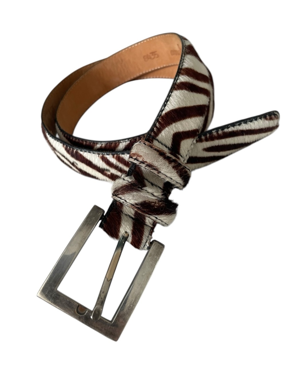 Zebra Pony Hair Leather Belt Silver Buckle Brown White  ANNABELLA $168 Made USA